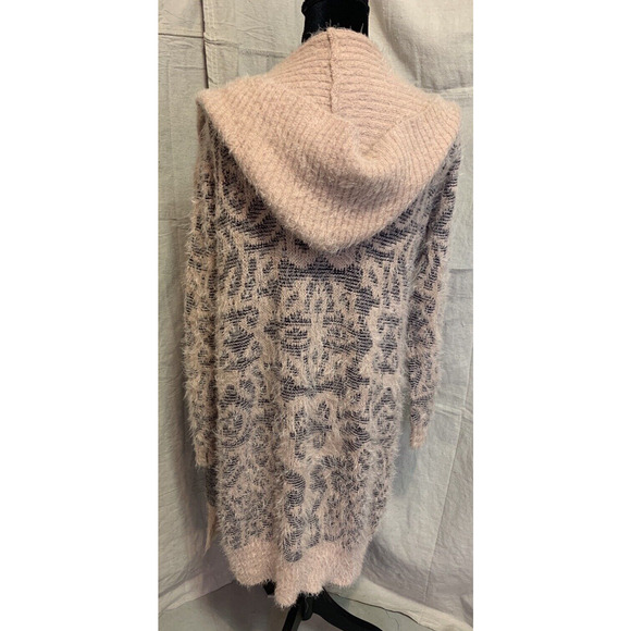 Joh Hoodie Sweater Womens S / M Open Front Long Soft Fuzzy Pink Pattern Cardigan - Picture 3 of 16